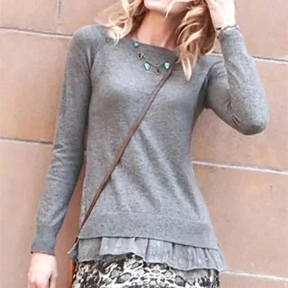 GARNET HILL | Gray Layered Cashmere Embroidered Lace Shirttail Sweater Size XS - Picture 5 of 12